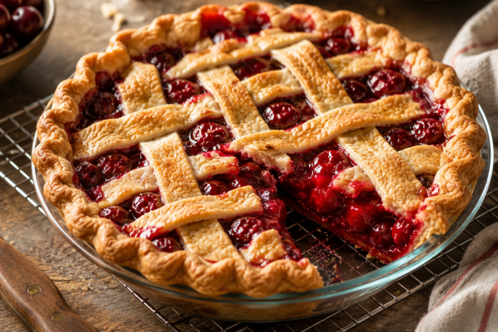 Sweet gluten free cherry pie with a flaky golden crust and juicy cherry filling.