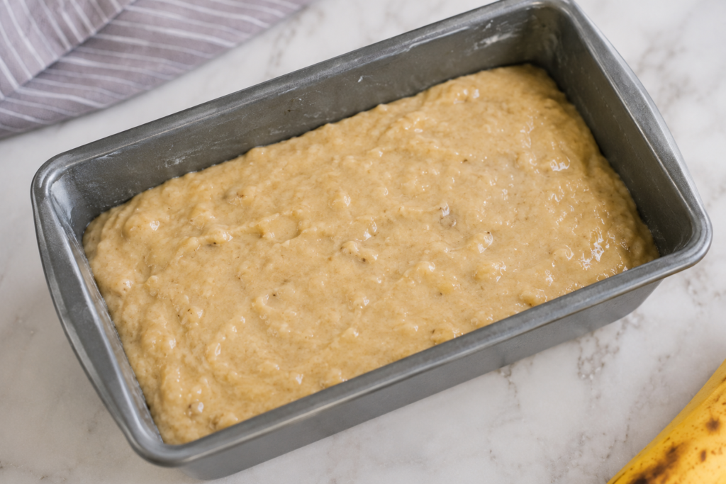 Gluten free banana bread batter ready to bake