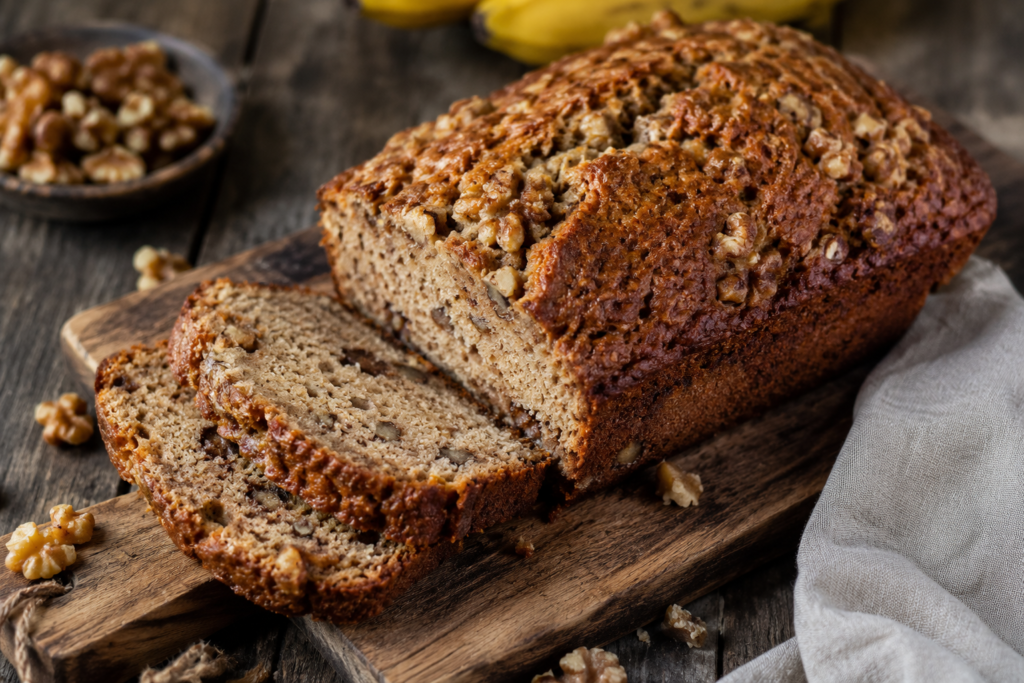 Gluten free banana nut bread with chopped walnuts