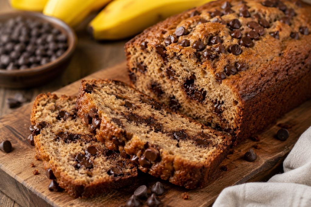 Gluten free chocolate chip banana bread with melted chocolate chips