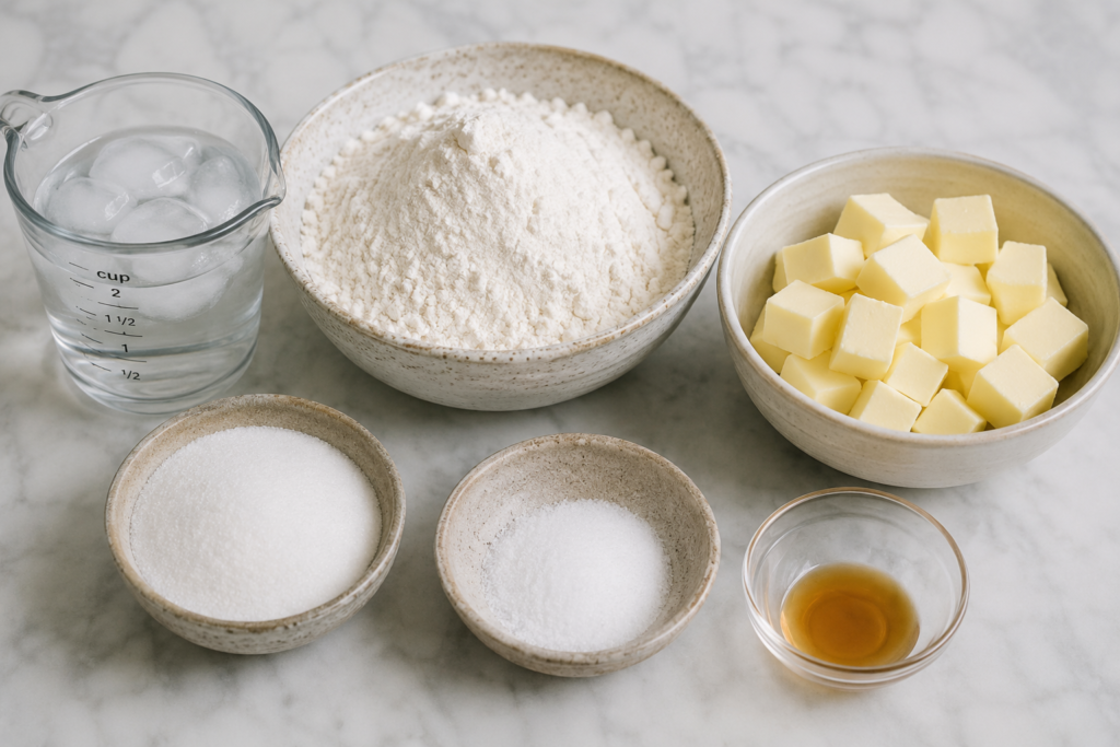 Baking ingredients arranged on a countertop, including flour, butter, sugar, salt, and ice water.