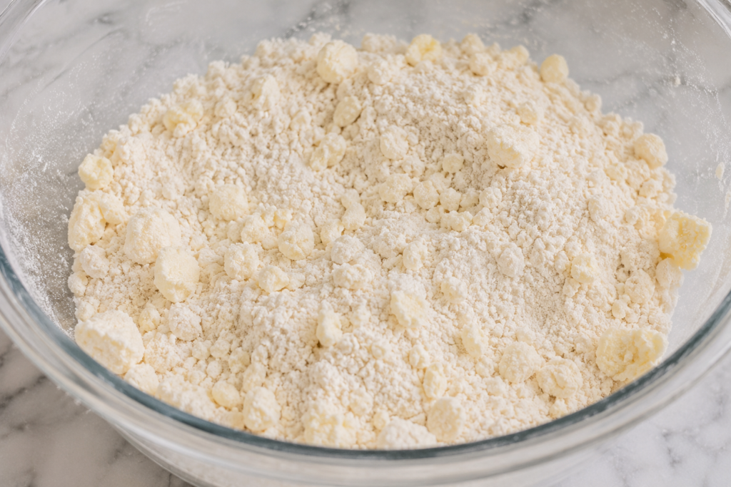 Butter cut into flour until the mixture forms coarse crumbs.