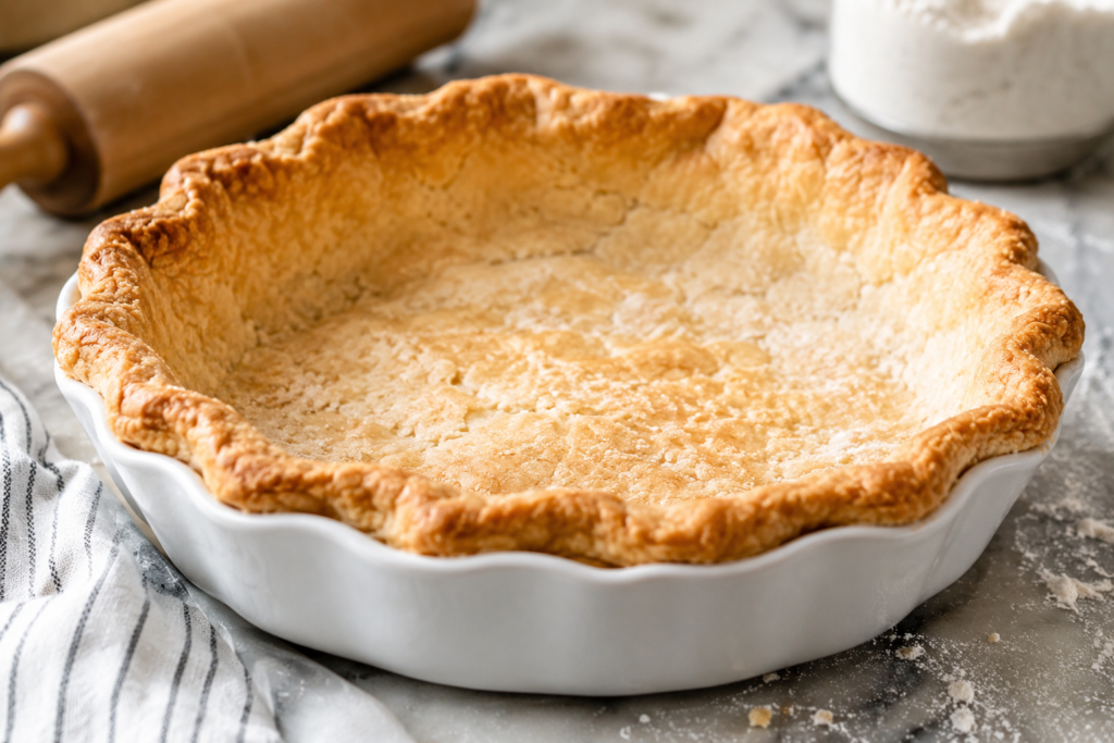 Golden baked gluten free pie crust with flaky edges in a pie dish.