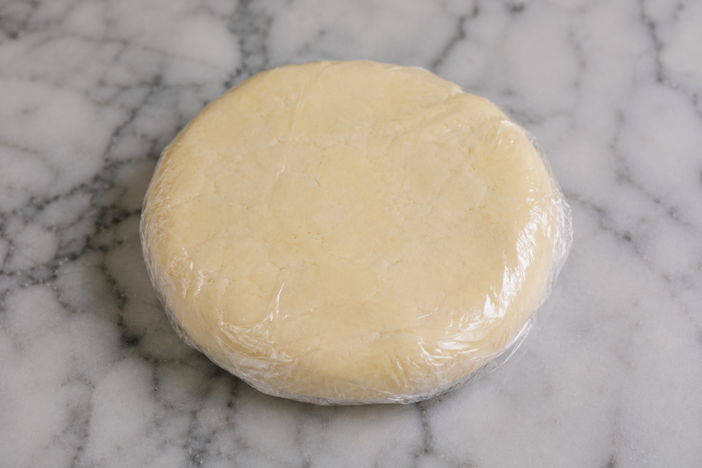 Smooth dough shaped into a disk and wrapped before chilling.