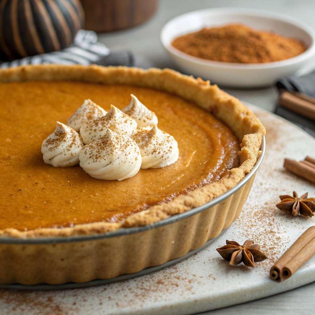 Homemade gluten free pumpkin pie with a flaky golden crust and smooth spiced pumpkin filling.