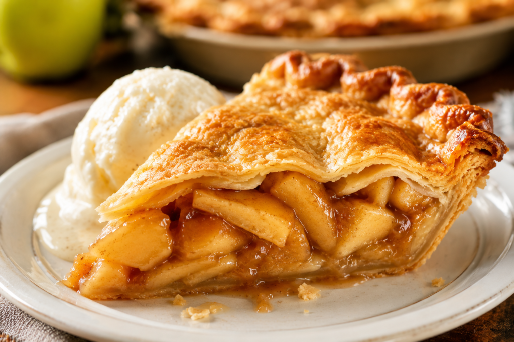Warm apple pie with a flaky golden crust served with a scoop of vanilla ice cream.