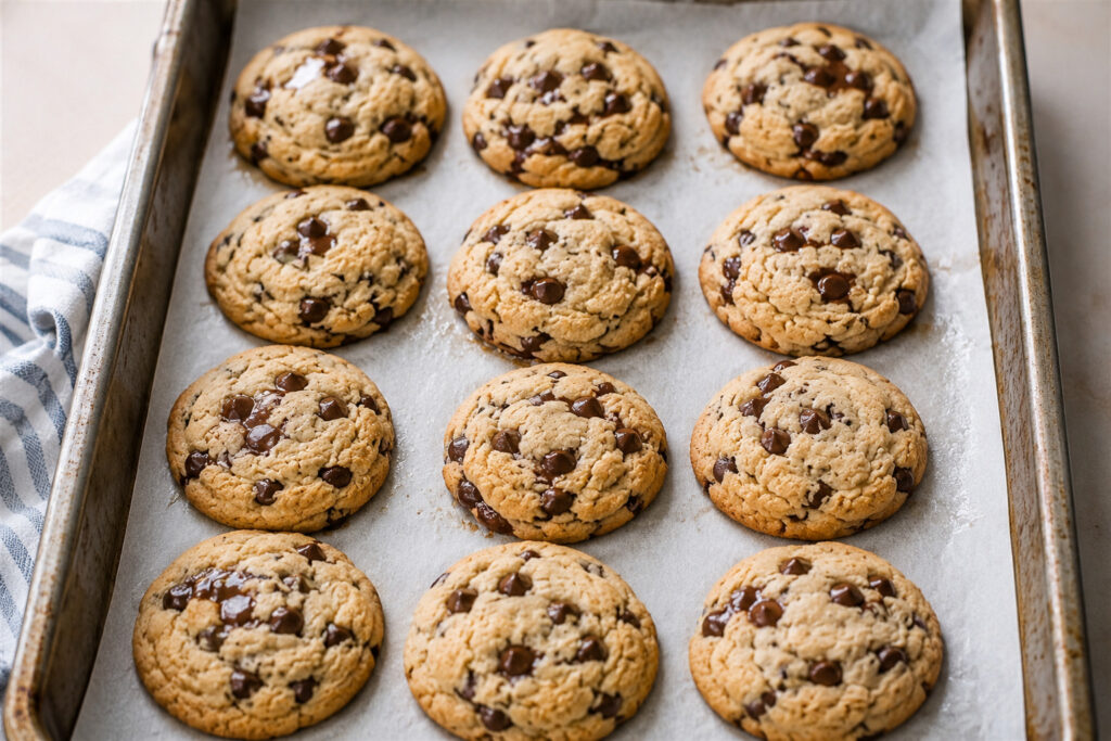 Freshly baked gluten-free chocolate chip cookies on baking sheet