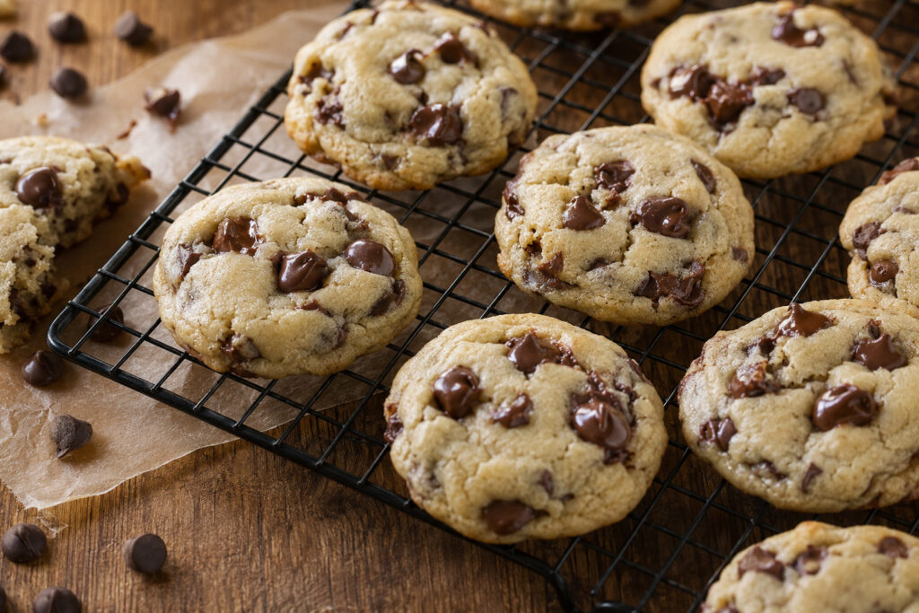 Gluten free chocolate chip cookies cooling on wire rack