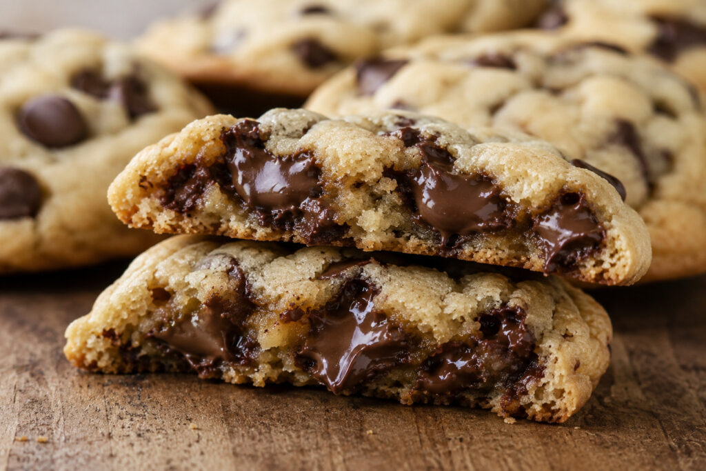 Soft and chewy gluten-free chocolate chip cookie broken in half