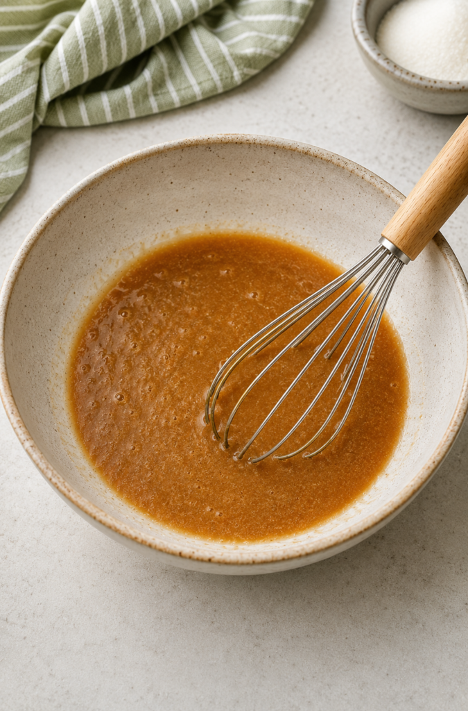 Brown sugar and melted butter whisked together in a speckled ceramic mixing bowl, with a wooden-handled whisk on a light countertop, preparing gluten-free chocolate chip cookie dough.